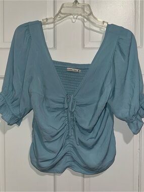 Abercrombie & Fitch Dusty Blue Ruched Tie-Front Puff Sleeve Blouse